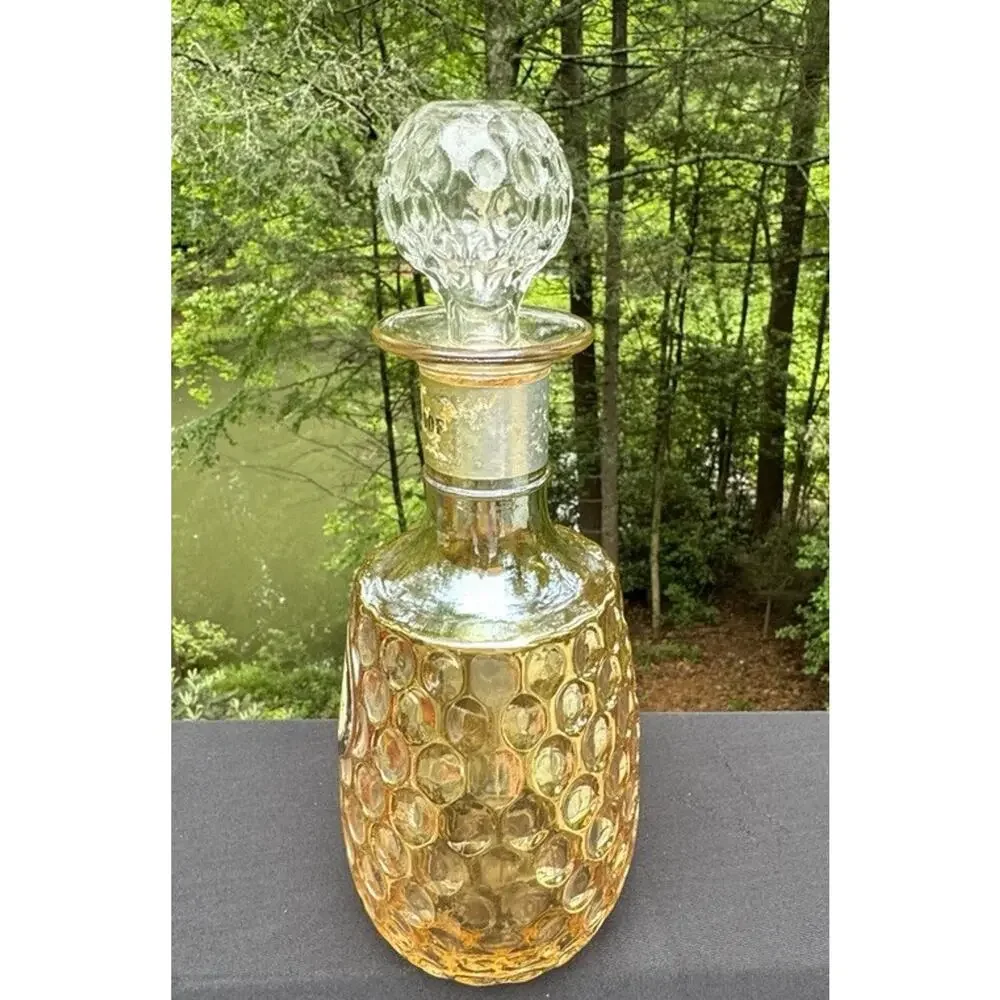 Vtg OLD FORESTER Whiskey Glass Decanter Marigold Iridescent 10.5 Thumbprint A77